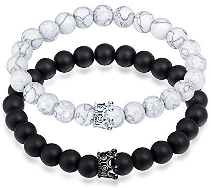 MicVivien Kronenarmband aus schwarzen Onyx- und weißen Howlithperlen, 8 mm Perlen Partnerarmband mit Krone King & Queen Paar Armband for 2