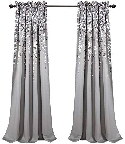 Lush Decor Coppia di tende a pannello filtranti con fiori piangenti, 132 cm di larghezza x 213 cm di lunghezza + 5 cm di intestazione, colore grigio, affascinanti e moderne tende floreali per