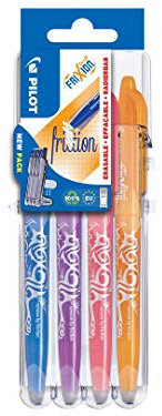 Pilot - 1 Etui Chevalet de 4 rollers FriXion Ball Fun Pointe Moyenne 0.7 mm. Assortis Turquoise, Violet, Rose et Orange