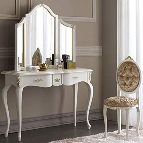 Casa Padrino Luxus Barock Spiegelkonsolen Set Braun/Weiß/Gold - Eleganter Konsolentisch mit Spiegel und Damenstuhl - Luxus Barock Schlafzimmer Möbel