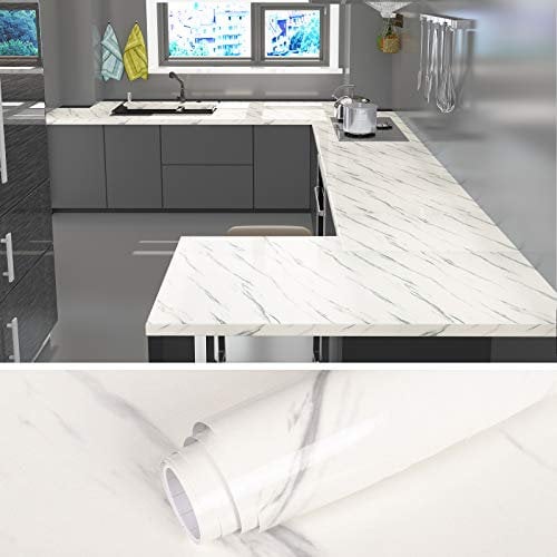VEELIKE White Wallpaper Peel and Stick Marble Wallpaper Sticky Back Plastic Worktop Vinyl Covering Contact Paper Glossy Vinyl Wrap for Bedroom Living Room Dining Room Kitchen 60cm x 900cm