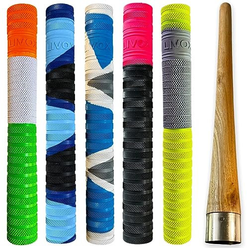 LIVOX® Super-5 Cricketschläger-Griffe mit 1 Holzgriffkegel, ultra klebrig, 6 Stück