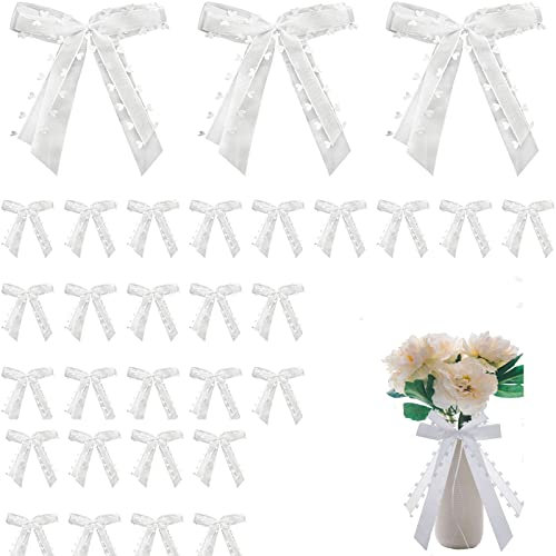 30 Stück Schleifen Hochzeit Deko, Handgemacht Weiss Antenneschleifen, mit Herzschleifen aus Satin, für Auto Hochzeit Deko Tischdeko Zimmerdeko (Weiß)
