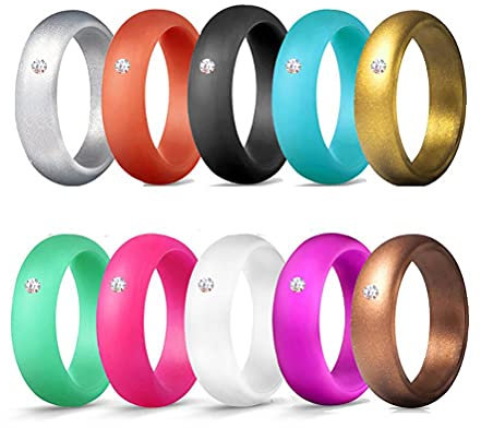 Tianbi 10 Packungen Silikon-Eheringe Frauen, 5,7 mm, atmungsaktive Gummibänder, breit, metallisches Gummi, Hochzeitsring, stapelbar