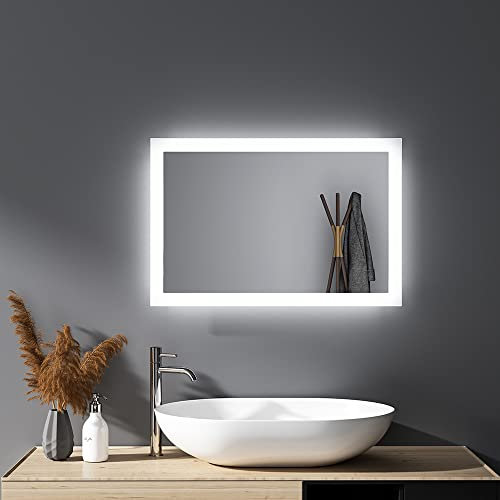 HY-RWML LED Badspiegel 40x60cm, Badezimmerspiegel Rechteckiger Wandspiegel WandSchalter Beleuchtung Kaltweiß 6500K IP67 energiesparend mit Hintergrundbeleuchtung horizontaler und vertikaler Einbau