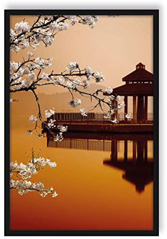 Pixxprint Kirschbaum am See, Poster im Bilderrahmen, Format: 38x30cm, Kunstdruck gerahmt