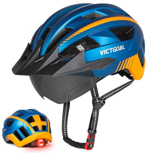 Bike Helmet for Men Women with Rear LED Light, Visor and Magnetic Goggles
