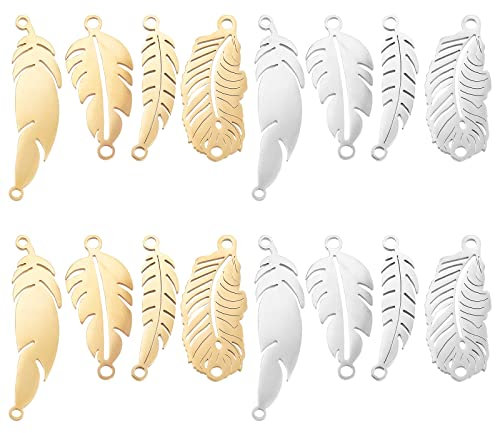 UNICRAFTALE 16 Stück 2 Farben 4 Stile Edelstahl Feder Anhänger Blatt Verbindungs Charms 1.4-1.8 mm Loch Für Halskette Armband Schmuckherstellung, Ca. 26/33 mm Lang
