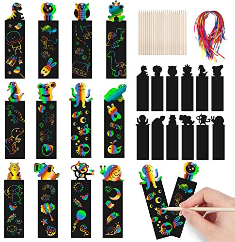 Kratzbilder für Kinder 60 Stück Magic Regenbogen Kratzbilder Lesezeichen mit 60 BäNdern und 30 Holzstiften Lesezeichen Kinder Scratch Papier für Party DIY Geschenkanhänger
