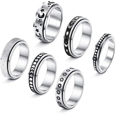 JeweBella 6 Stück Ring Damen Set Hypoallergen Edelstahl Ring Blume Moon Star Ringe Band Ringe für Frauen Männer Größe 49-62