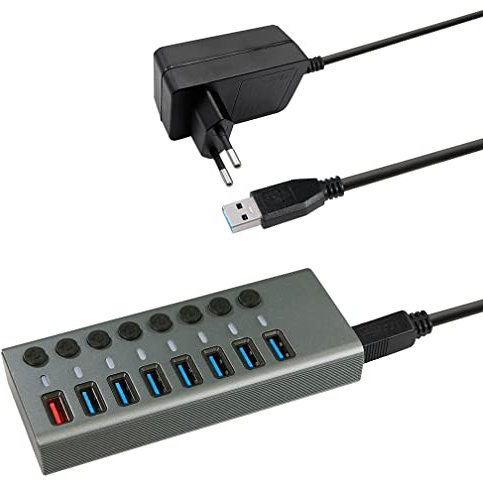 MaxTrack USB 3.0 Hub CH11L - USB 3.0 Hub mit 7 USB Ports, 1 Ladeport für Mobilgeräte, USB Hub mit Netzteil, 5 Gbps, USB Hub Aktiv, 2,4A Ladestation, Einzeln Schaltbar