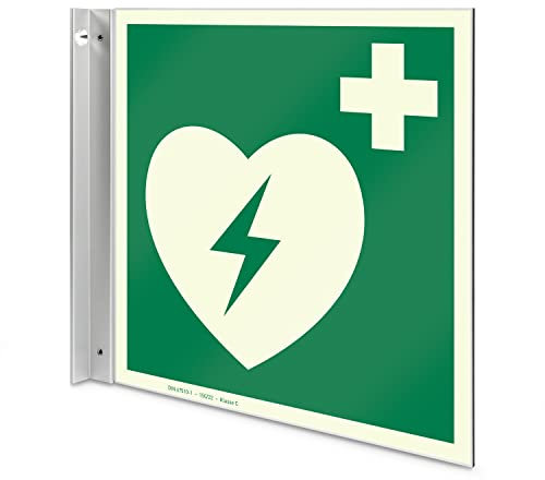 Betriebsausstattung24 Defibrillator Fahnenschild - Aluverbundplatte, langnachleuchtend - 20,0 x 21,50 cm - Zur Wandbefestigung