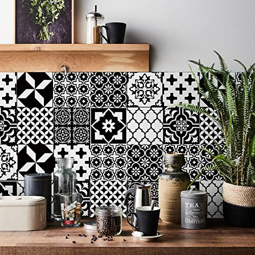 HORIWE Tile Stickers Black and White Wall Decal Sticker Adhesive Tile Art DIY Kitchen Bathroom Backsplash Floor Home Decor PVC Waterproof Oil Proof New 6x6 Inches 24pc