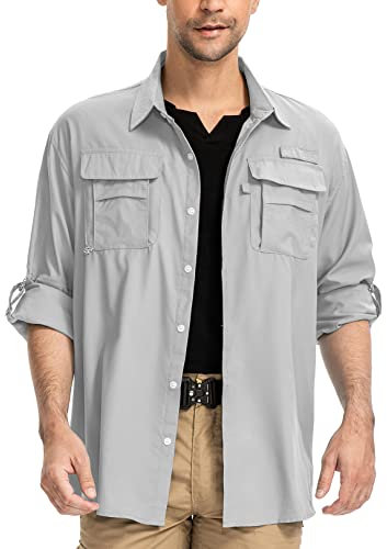 Yeyity Chemise d'Extérieur UPF50+ Protection UV - Manches Longues, Respirante, Séchage Rapide - Fonctionnelle pour Safari, Randonnée, Pêche, Trekking - Gris, XXL