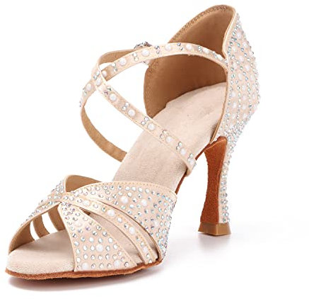 Syrads Womens Professional Latin Dance Shoes Open Toe Salsa Bachata Dance Shoes Glitter Strass Salsa Latin Dancing Heels,Colore Chiaro 9cm Heel,38 EU