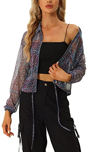 Allegra K Damen Jacke Pailletten Crop Heller Durchsichtig Kordelzug Durchsichtige Jacken Schwarz S