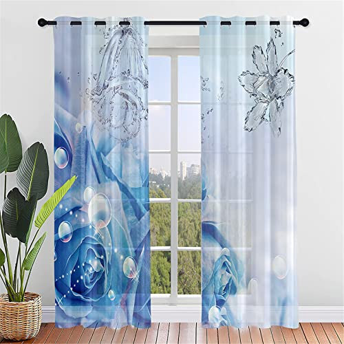 Hiseng Schiebegardinen Voile Vorhang Gardinen 2er Set, Rose Blume Druck Sheer Schiebevorhänge Lichtdurchlässig Flächenvorhänge für Wohnzimmer Schlafzimmer Fensterschal (107x213cm,Blaue Perle)