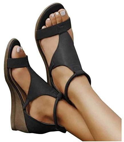 ORANDESIGNE Frauen Keilabsatz Sandalen Sommer Offene Schuhe Faux Leder Orthopädische Casual A Schwarz Plattform Rom Damen Elegante Flip Flops Freizeit 42 EU