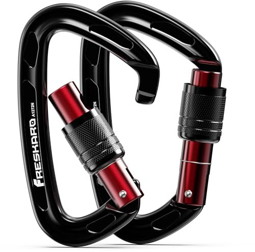 FresKaro Mousqueton d’Escalade, mousquetons en Aluminium, Mousqueton à vis, 25kN-2550kg, Double Verrouillage torsadé, Solide, pour Laisse de Chien, Pompier, hamac, Porte-clés, CE UIAA, Noir 2pc