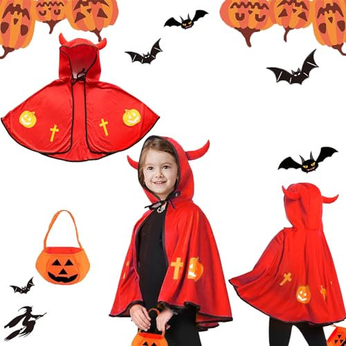 Gxlaihly Kinder teufel umhang,kinder teufelkostümKostüm für Kinder Teufelkostüm,umhang mit ox horn,umhang cape mit ox horn mit kapuze mantel,Halloween Kostüme Cosplay Verkleidung (Magisches Rot)