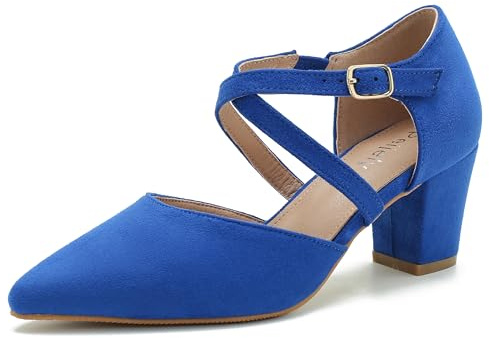 Women's Chunky Heel Pumps Cross Strap Closed Pointed Toe Dress Shoes