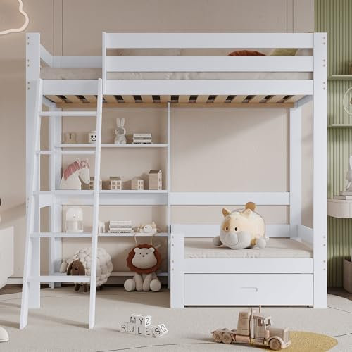 Dolamaní Hochbett 90x200 cm mit Regalen und Sofa, Etagenbett mit Einer Schublade, Kinderbett mit fünfstufiger Schrägleiter, Bettrahmen aus Massivholz (Weiß, Mit Sofa)