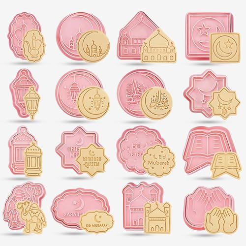 16 Pièce Eid Mubarak Emporte Pièces, Eid Mubarak Ramadan Biscuit Moule, Musulman Cookie Cutter 3D Emporte-Pièces, Tampons à Biscuits l'Aïd Mubarak pour Fondant Gâteau (Eid 16)