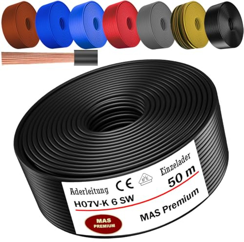 MAS Premium Von 5 bis 100m Aderleitung H07 V-K 6 mm² Schwarz Braun Dunkelblau Grüngelb Grau Rot Orange oder Hellblau Einzelader flexibel (Schwarz, 50m)