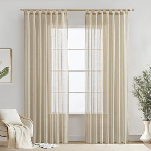 MIULEE Voile Gardinen Vorhänge mit Schlaufen Leineneffekt Halbtransparent Vorhange Elegant Einfach Leinenoptik für Wohnzimmer Schlafzimmer 2er Set, 140×225(H×B), Beige