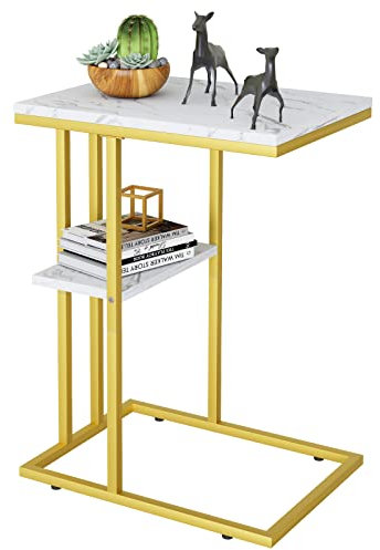 Huhote C Shaped End Table, Sofa Table, Coffee Table Under Sofa, Small Couch Side Snack Table, TV Tray Table for Small Space, Bedside Table with Metal Frame for Living Room & Bedroom, White/Gold