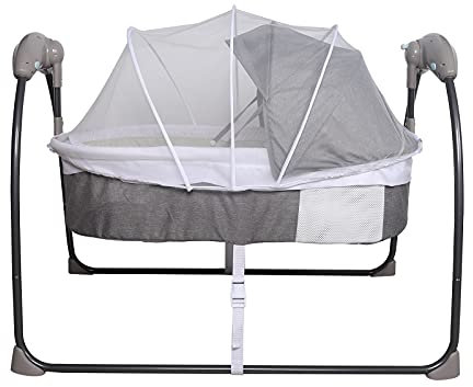 DGJMuu Babywiege Kinderbett 3-Speed Auto-Swing | 9KG Belastbarkeit | mit Intelligentes Bedienfeld und Spezielles Moskitonetz-Design Musik Baby Wippe Schaukel (Grau)