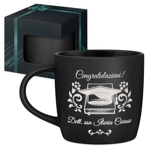 Maverton Tazza da caffè latte o tè in ceramica - 400 ml - Incisione personalizzata - Bicchiere con manico per bevande per Lei - Tazze da colazione per compleanno donna - Interno nero - laurea