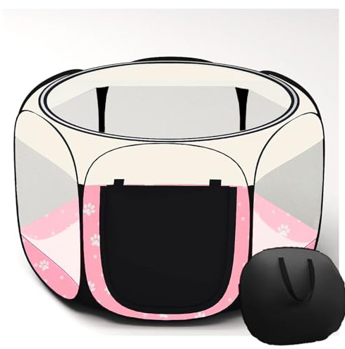 Floving Portable dog fence Foldable Pet playpen Delivery Room Cat enclosure Cat Pregnant Closed Pet Tent Dog Breeding Delivery Box with carrybag (L, Pattern Pink)