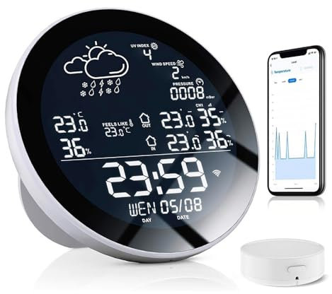 Station MéTéO Wifi IntéRieur ExtéRieur Sans Fil, Avec PluviomèTre Et AnéMomèTre ExtéRieur, Date & Heure, TempéRature Et Humidité, Pour La Maison Et Le Jardin (Écran noir et blanc + 1* capteur)