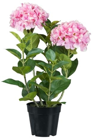 CREATIV green künstliche rosa Hortensie 58 cm im schwarzen Kunststofftopf I Hortensie wie echt im Topf I künstliche Hortensie mit 5 Zweigen & 2 Blüten für Innen I hochwertige Dekopflanze