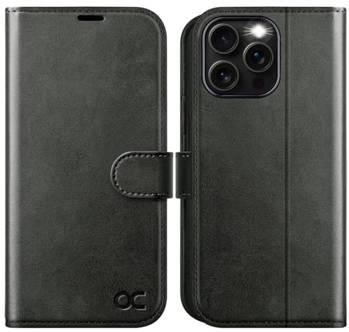 OCASE für iPhone 16 Pro Max Hülle Premium PU Leder Graphit | Handyhülle Kartenfach Standfunktion, RFID Blhutzhülle Klapphülle Handytasche Lederhülle