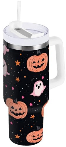Oarencol 30 oz Tumbler with Lid and Straw Fun Halloween Ghosts Pumpkin Water Bottle Insulated Cup with Handle, Stainless Steel Water Cup Fits in Car Cup Holder