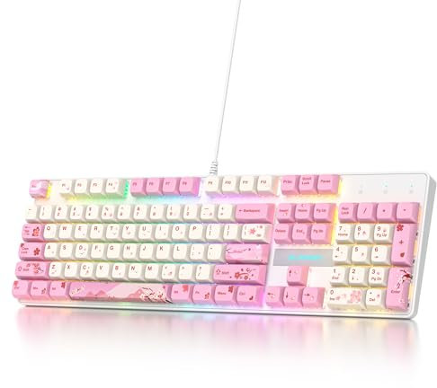 surmen Teclado rosa de tamaño completo con teclado numérico, teclado mecánico para juegos con cable RGB de 104 teclas retroiluminado con teclas PBT, interruptor rojo lineal para laptop, computadora de