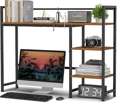 Desk Shelf Organizer, Desk Hutch for Computer Monitor, 4 Tier Desktop Display Rack, Wood Desktop Bookshelf Storage Rack for Home Office Dorm, Rustic Brown