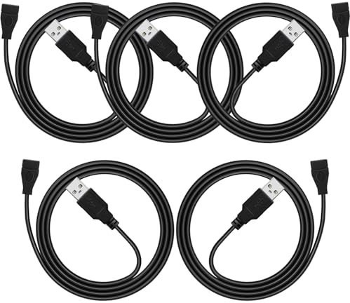 PDEEY USB Extension Cable 3ft 5 Pack Bulk, USB A 2.0 Male to Female Extension Cord for Printer, Mouse, Keyboard, 480Mbps Transfer Speed, Black