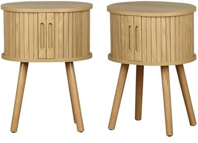 sweeek - Lot de 2 Tables de Chevet Ovale 2 Portes coulissantes poignées creusées. Effet Bois rainuré. L40 x l34 x H54.8cm