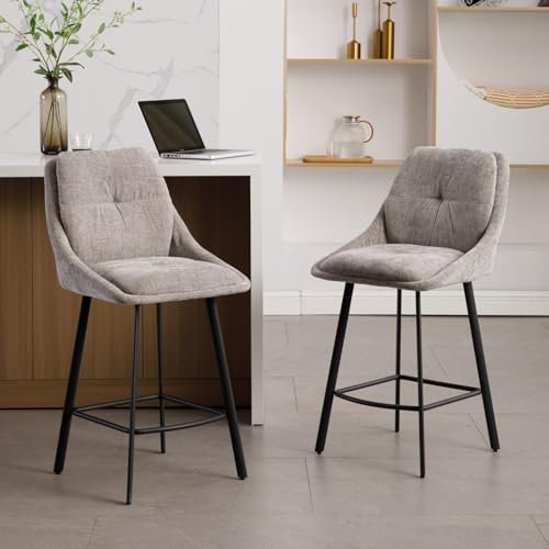 chairus Barhocker Barstuhl 2er Set Chenille Barhocker mit Lehne für Küche Moderne Tresenhocker Küchenhocker für Esszimmer (Grau-2)