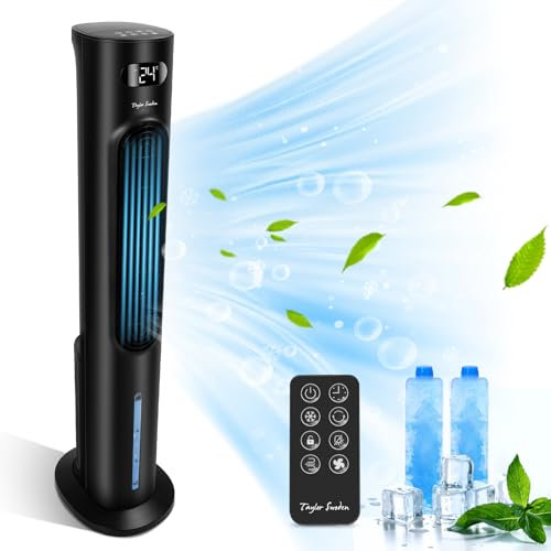 Taylor Swoden Luftkühler mit Wasserkühlung, Mobile Klimaanlage ohne Abluftschlauch, 6L Wassertank, Leise Turmventilator, 12-Stunden-Timer, 3 Modi 3 Geschwindigkeiten, Fernbedienung, Oszillation, 2ER