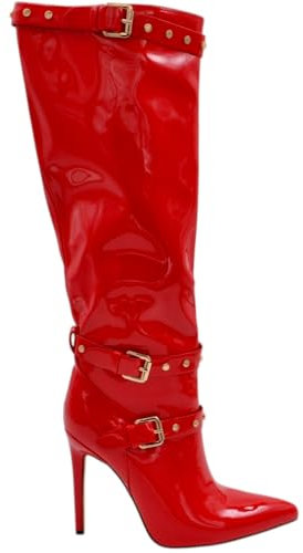 Stivali Donna Alti Lucidi Rossi in Vernice al Ginocchio con Zip e Tacco a Spillo 12 cm Vinile con Cinturini e Fibbie (37 EU)