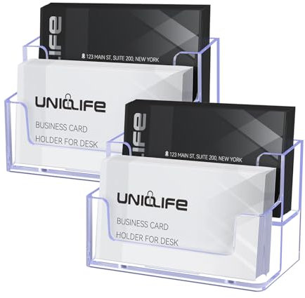 Uniclife 2 Pack Acrylic Business Card Holder for Desk 2 Slots Clear Business Card Display Stand for Men & Women Desktop Business Card Organizer Card Stand for Office Home Exhibition, 120 Card Capacity