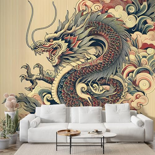 Boceoey Papier Peint Panoramique Dragon Japonais Aquarelle - Papier Peint Intissé Autocollant - Dragon Asiatique Art Décoration Murale - Adhésif Mural pour Salon Chambre, 400x280 cm - S-937