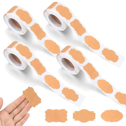 Ksvaye 1200 Pcs Kraft Paper Label Stickers Brown Sticky Labels Self-adhesive Blank Spice Jam Jar Labels for Gifts, Decoration, Food Storage, Bottles, Handcrafts, DIY Project (3x5cm, 4 Rolls, 3 Shapes)