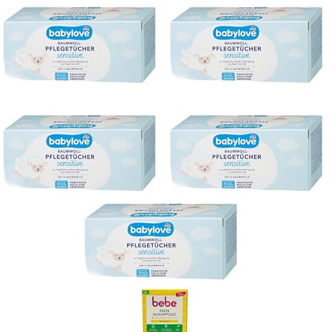 5x 50 Stück Pflegetücher Baumwolle Sensitive, Feuchttücher + 1x Bebe feste Duschpflege | 250 Stück | Für die trockene und feuchte Nutzung