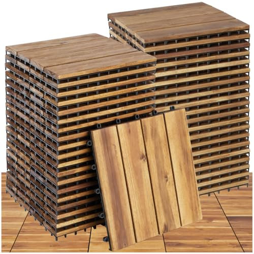 TecTake® Set 40x Baldosas Jardín Exterior con 4 Tablones Madera, Suelo Terraza Exterior Resistente a Intemperie, Suelo Jardín con Base de Rejilla y Drenaje, Montaje Sistema Clic - Madera