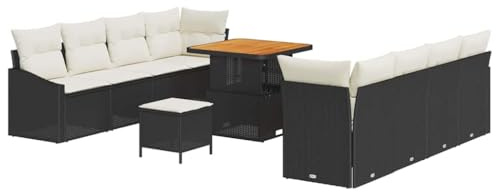 vidaXL 11-teiliges Garten-Sofa-Set mit Kissen in Schwarz und Creme - Poly-Rattan und Akazienholz - UV-beständige Gartenmöbel für 4 Personen - Terrassen Lounge Modul-Couch für den Garten